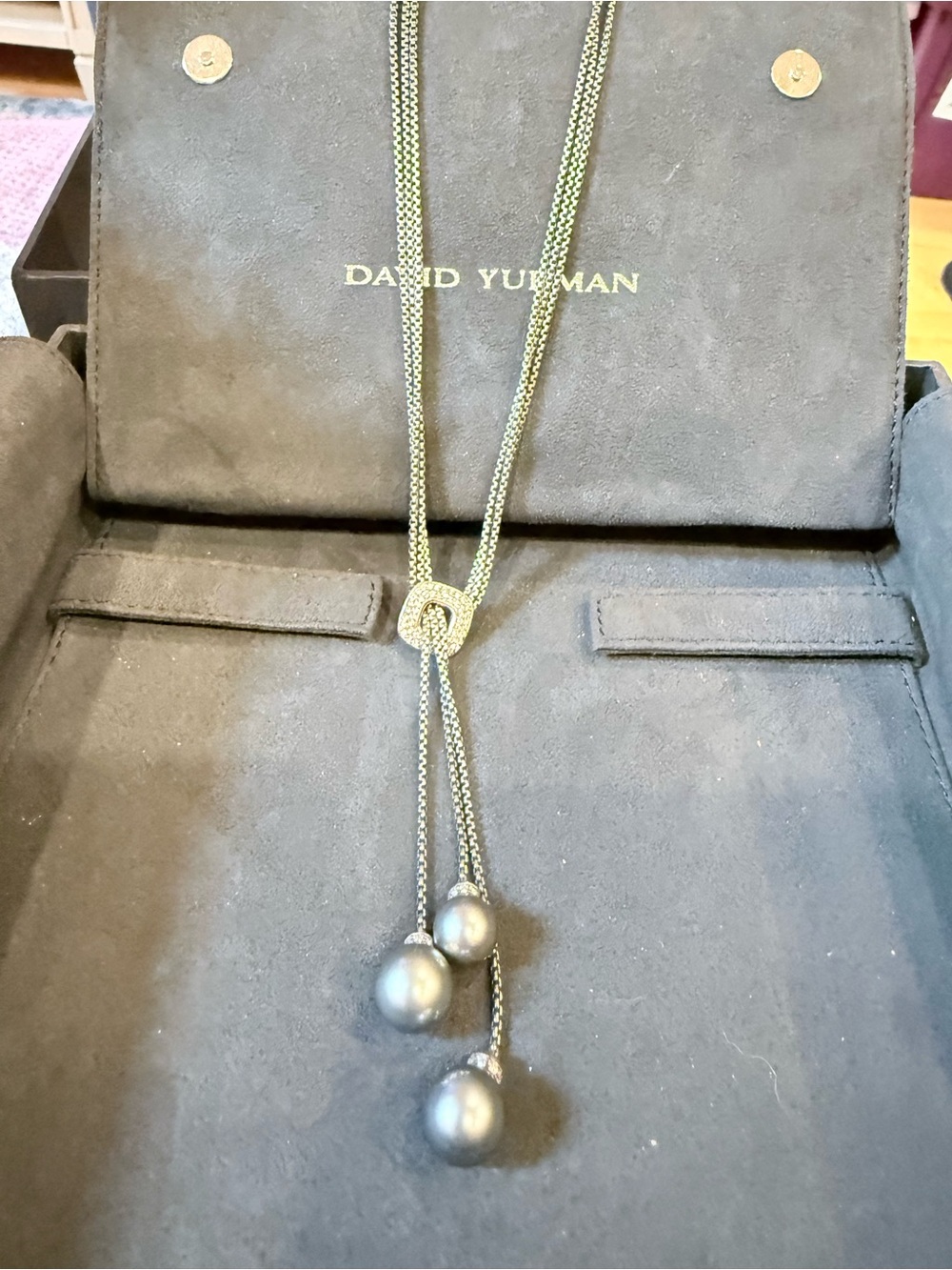 David Yurman Grey Pearl Lariat Necklace with Silver Chain